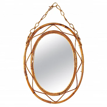 Oval bamboo and wicker mirror attributed to Bonacina, 1960s