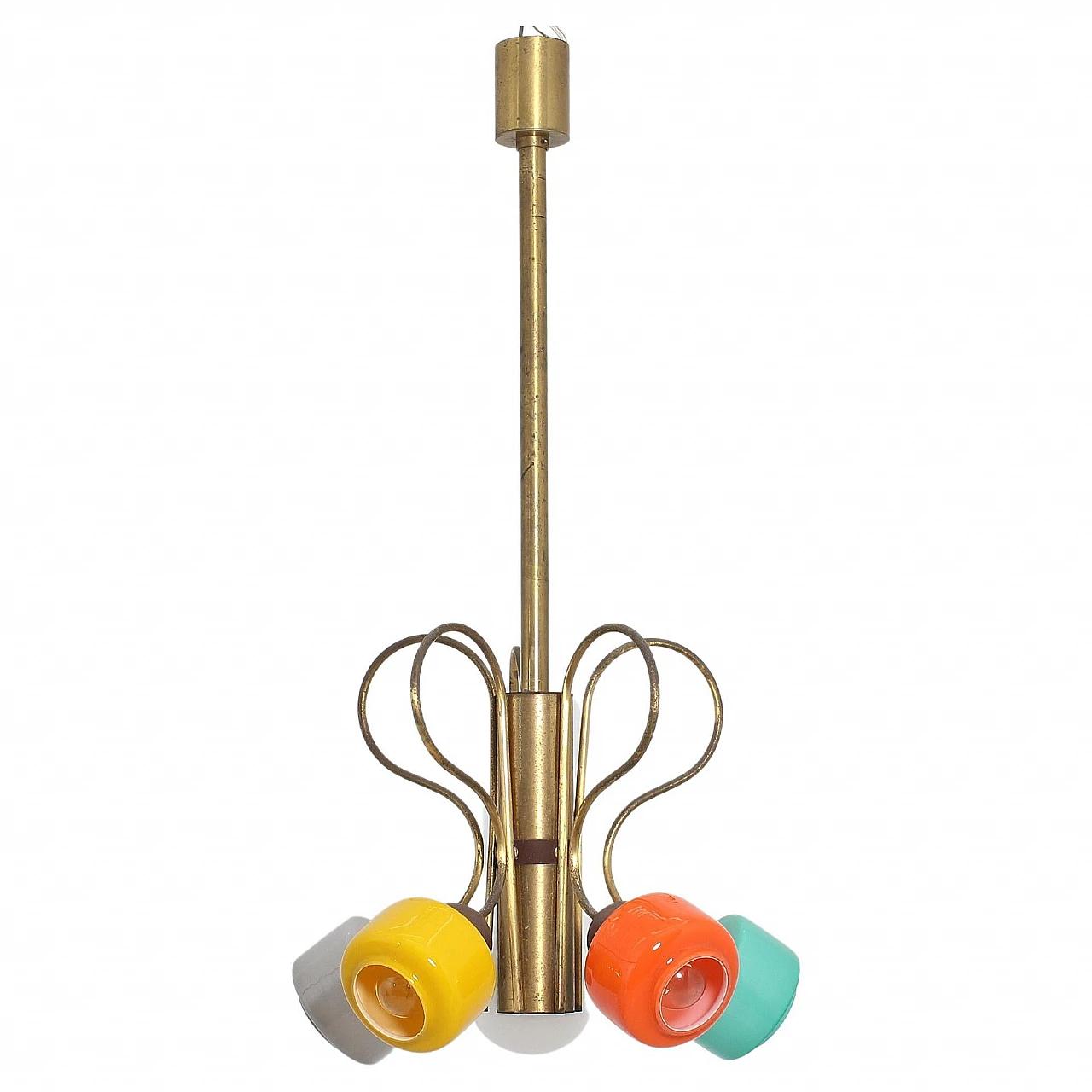 Brass and colored glass chandelier attributed to Stilnovo, 1960s 1