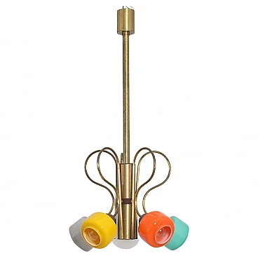Brass and colored glass chandelier attributed to Stilnovo, 1960s