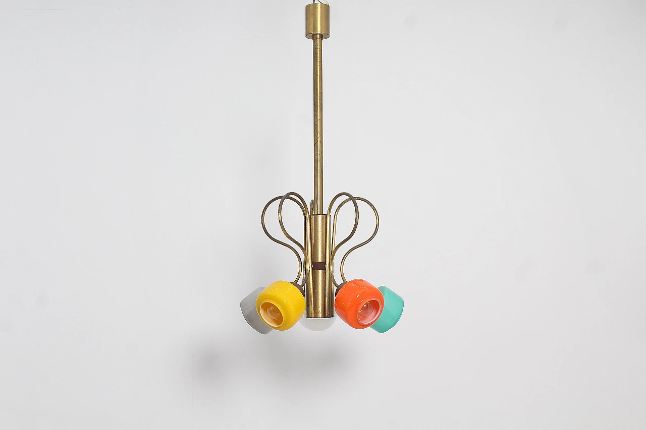 Brass and colored glass chandelier attributed to Stilnovo, 1960s 2