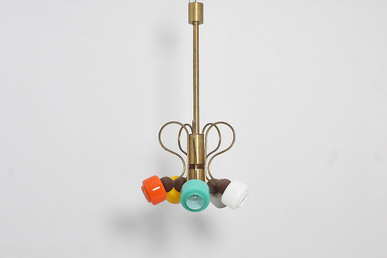 Brass and colored glass chandelier attributed to Stilnovo, 1960s 3