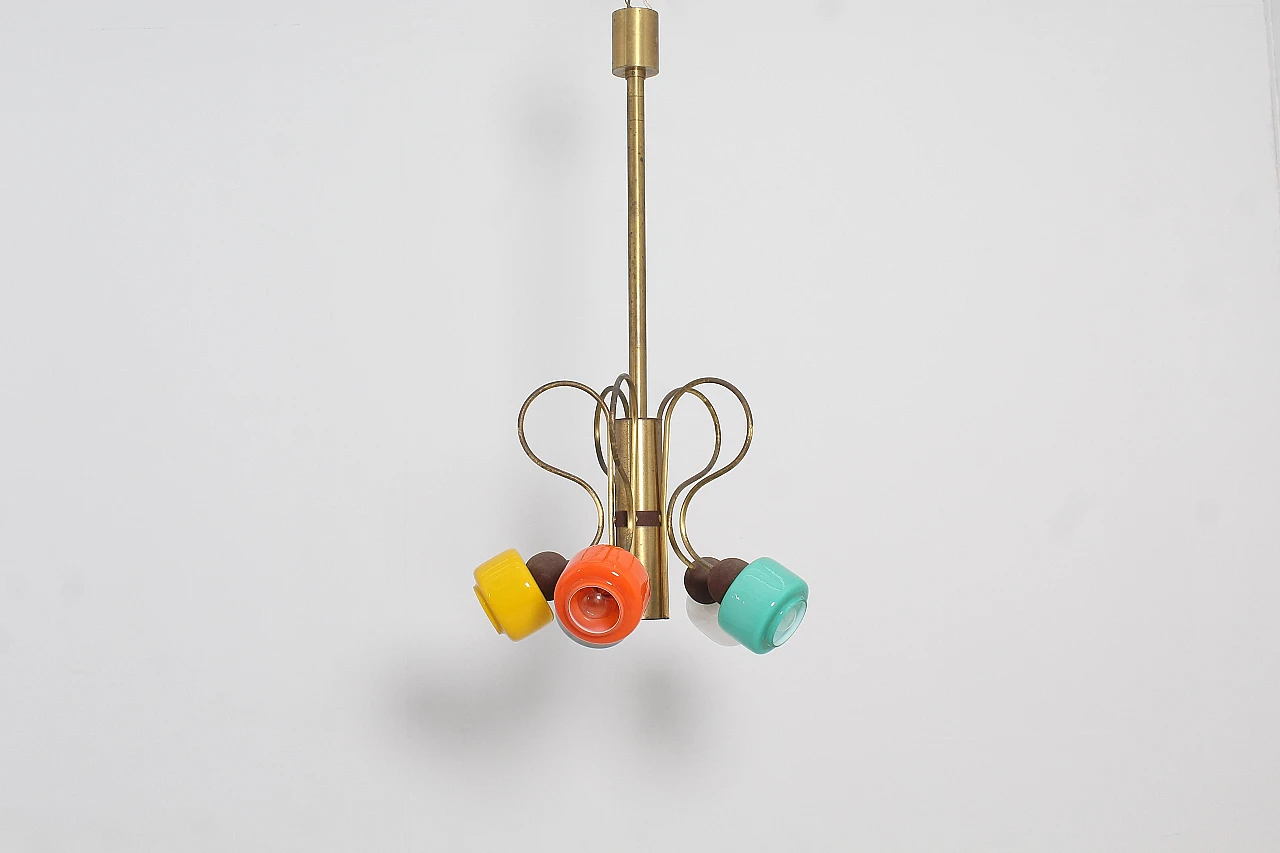 Brass and colored glass chandelier attributed to Stilnovo, 1960s 4