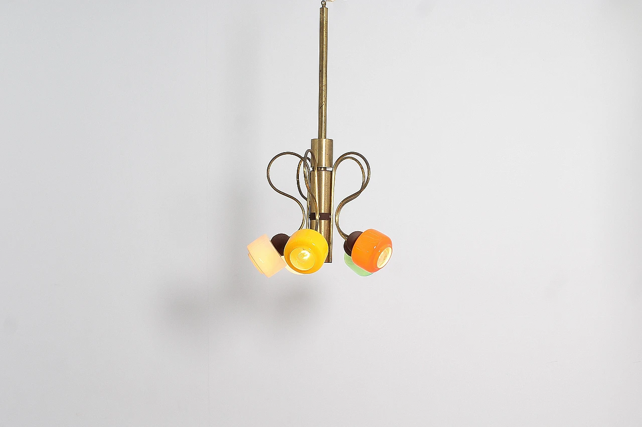 Brass and colored glass chandelier attributed to Stilnovo, 1960s 5