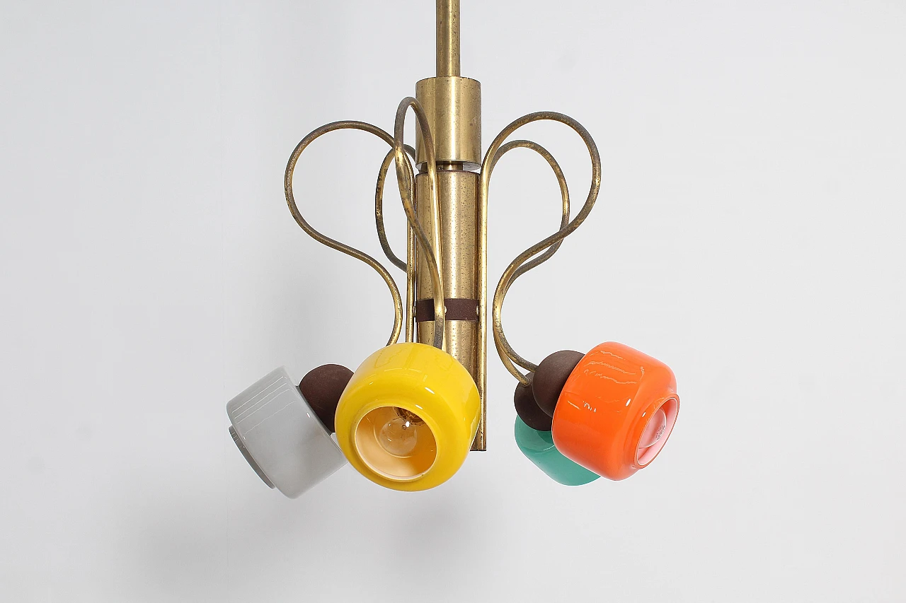 Brass and colored glass chandelier attributed to Stilnovo, 1960s 7