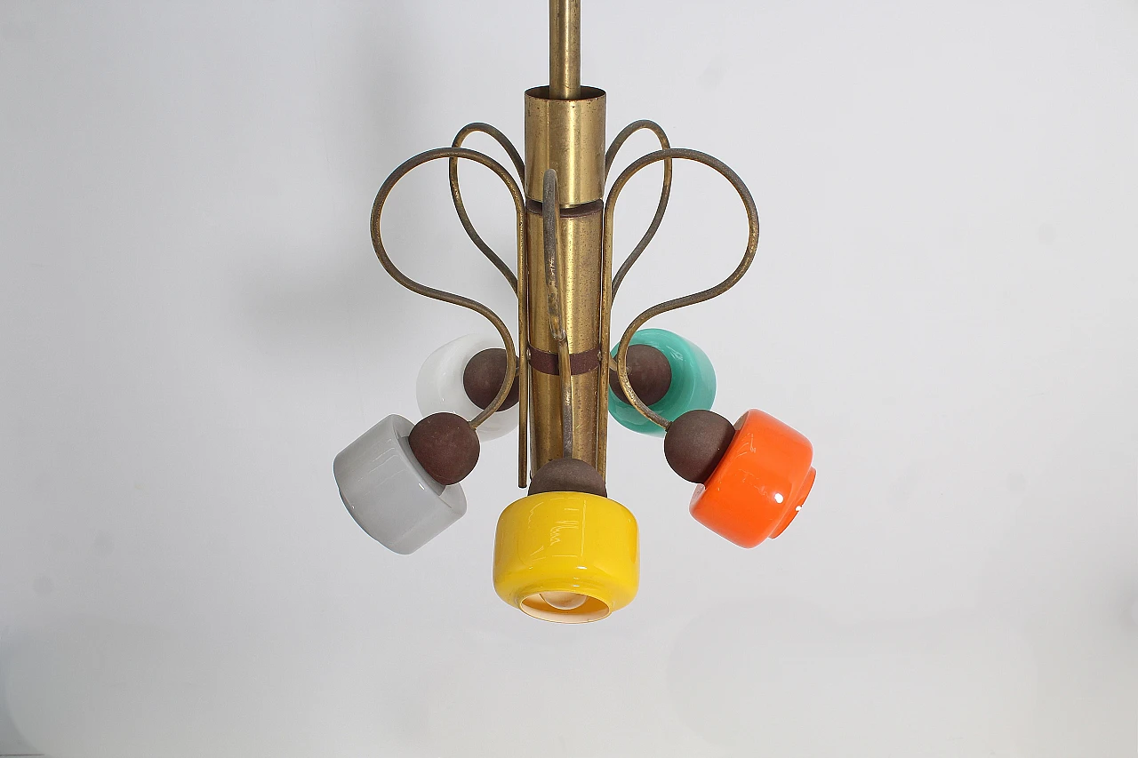 Brass and colored glass chandelier attributed to Stilnovo, 1960s 8