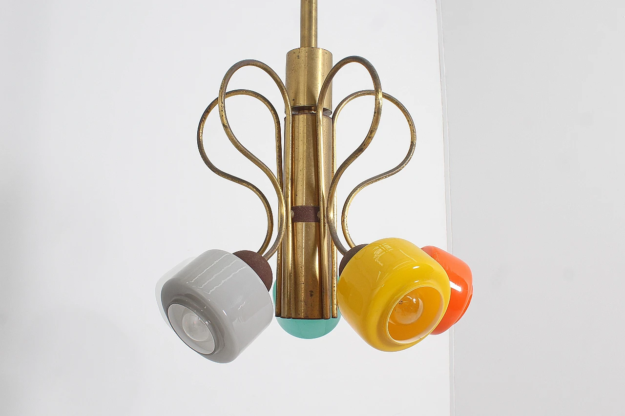 Brass and colored glass chandelier attributed to Stilnovo, 1960s 9