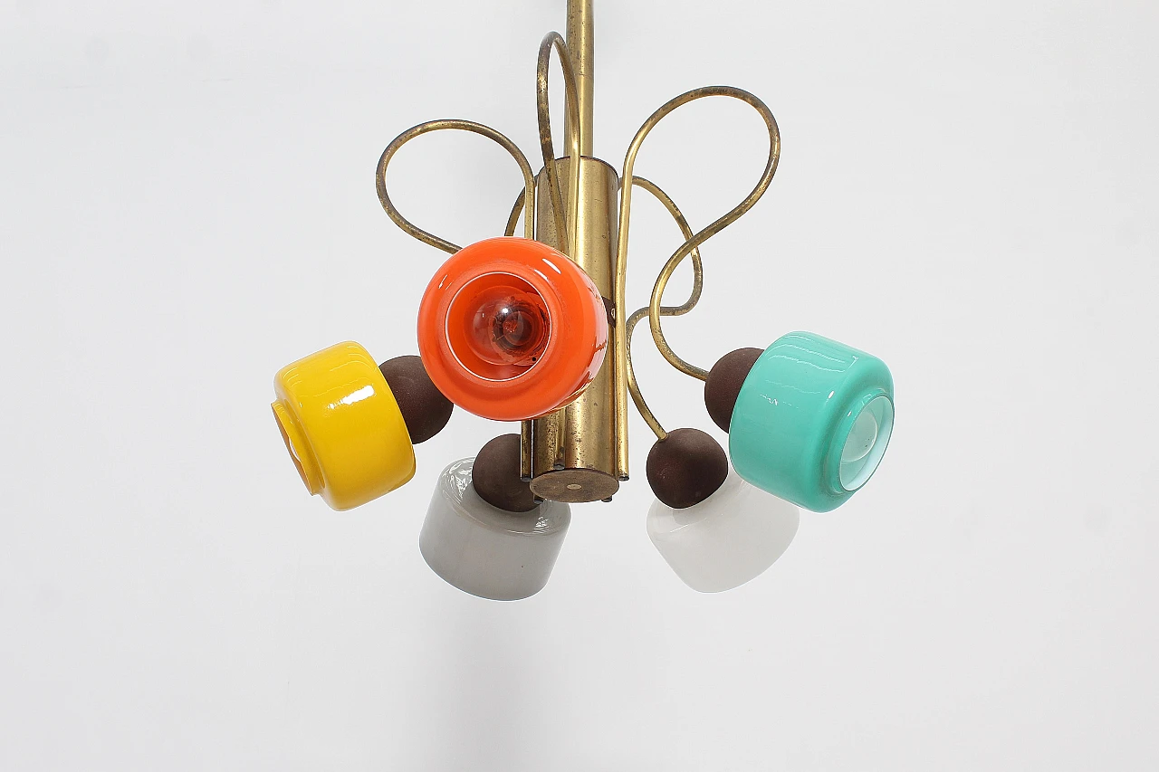 Brass and colored glass chandelier attributed to Stilnovo, 1960s 10