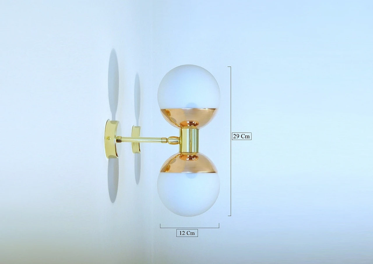 Brass and copper wall light with double opaline glass sphere 1