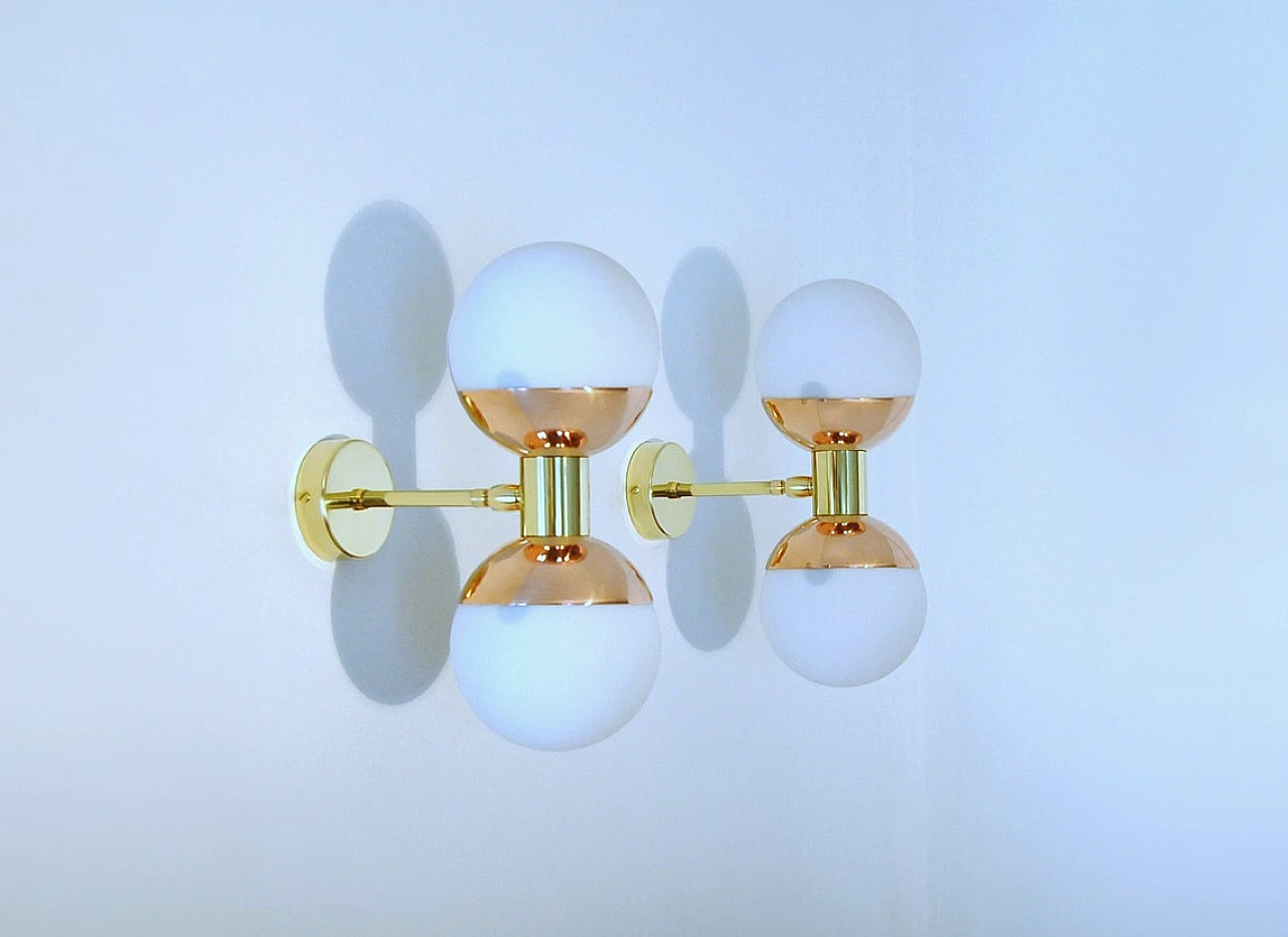 Brass and copper wall light with double opaline glass sphere 3