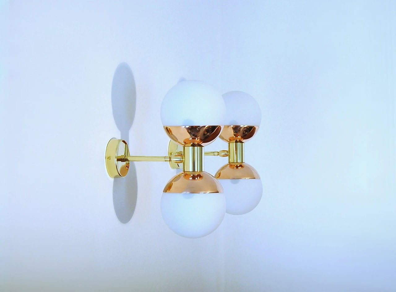 Brass and copper wall light with double opaline glass sphere 7