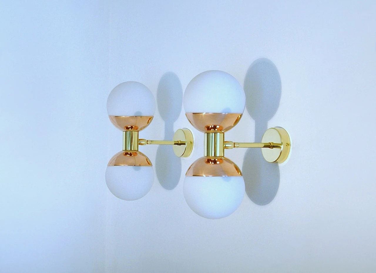 Brass and copper wall light with double opaline glass sphere 9
