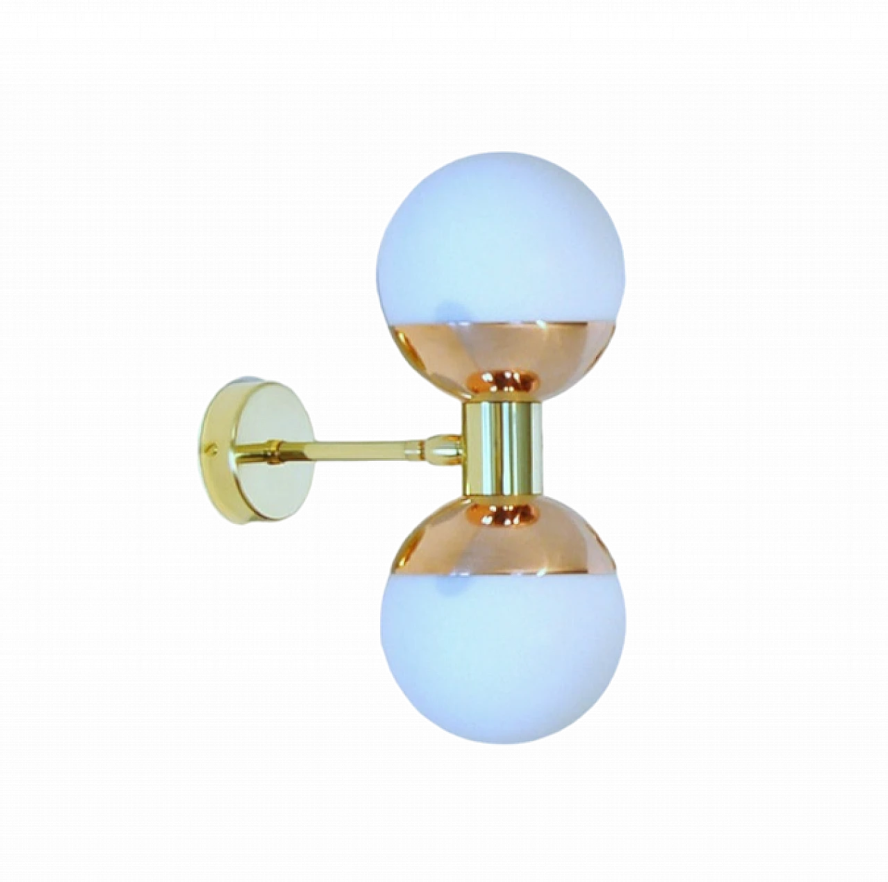 Applique in ottone e rame con doppia sfera in vetro opalino 12