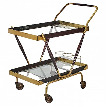 Brass, glass and wood bar trolley attr. to C. Lacca, 1960s