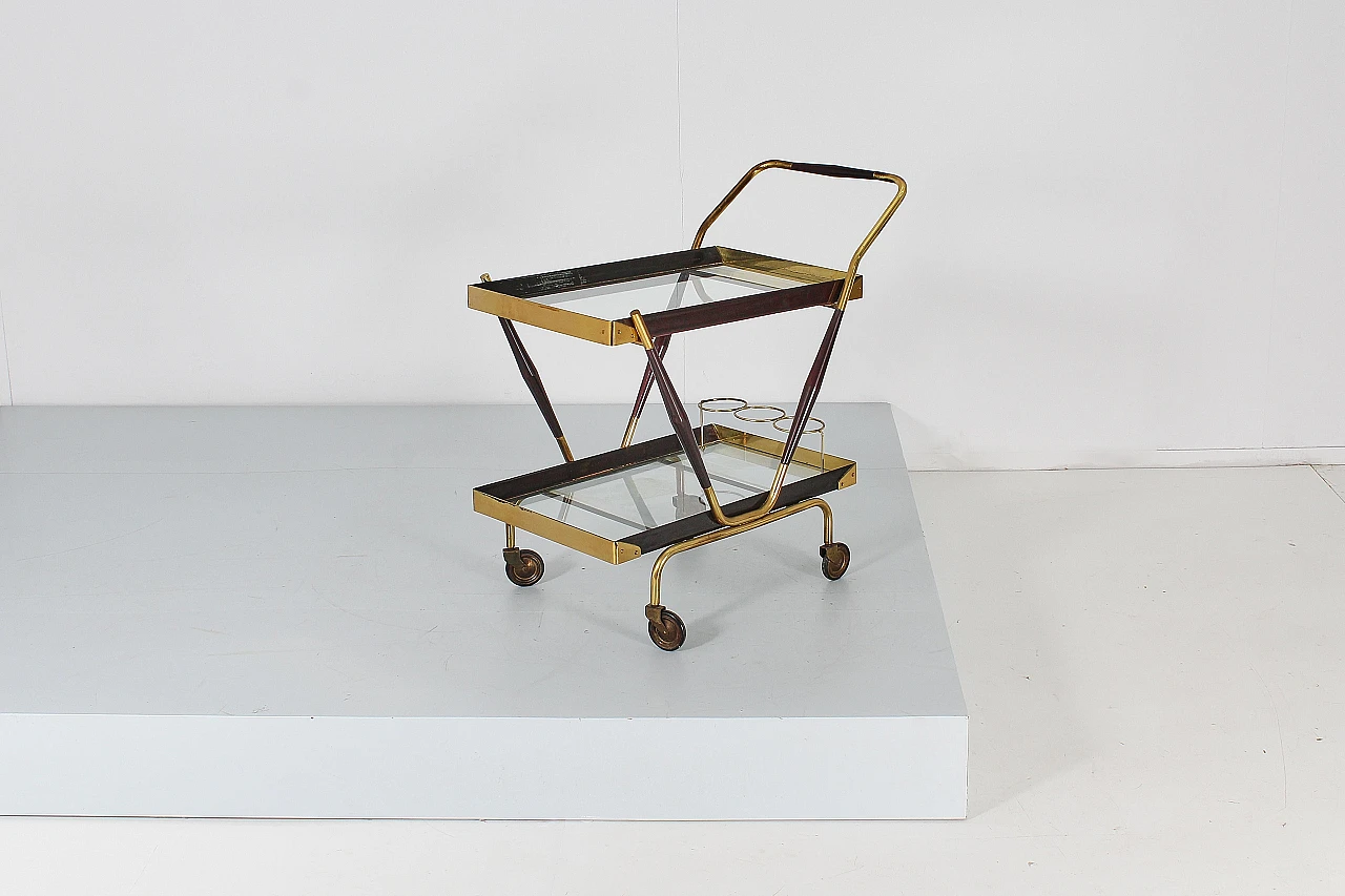 Brass, glass and wood bar trolley attr. to C. Lacca, 1960s 2