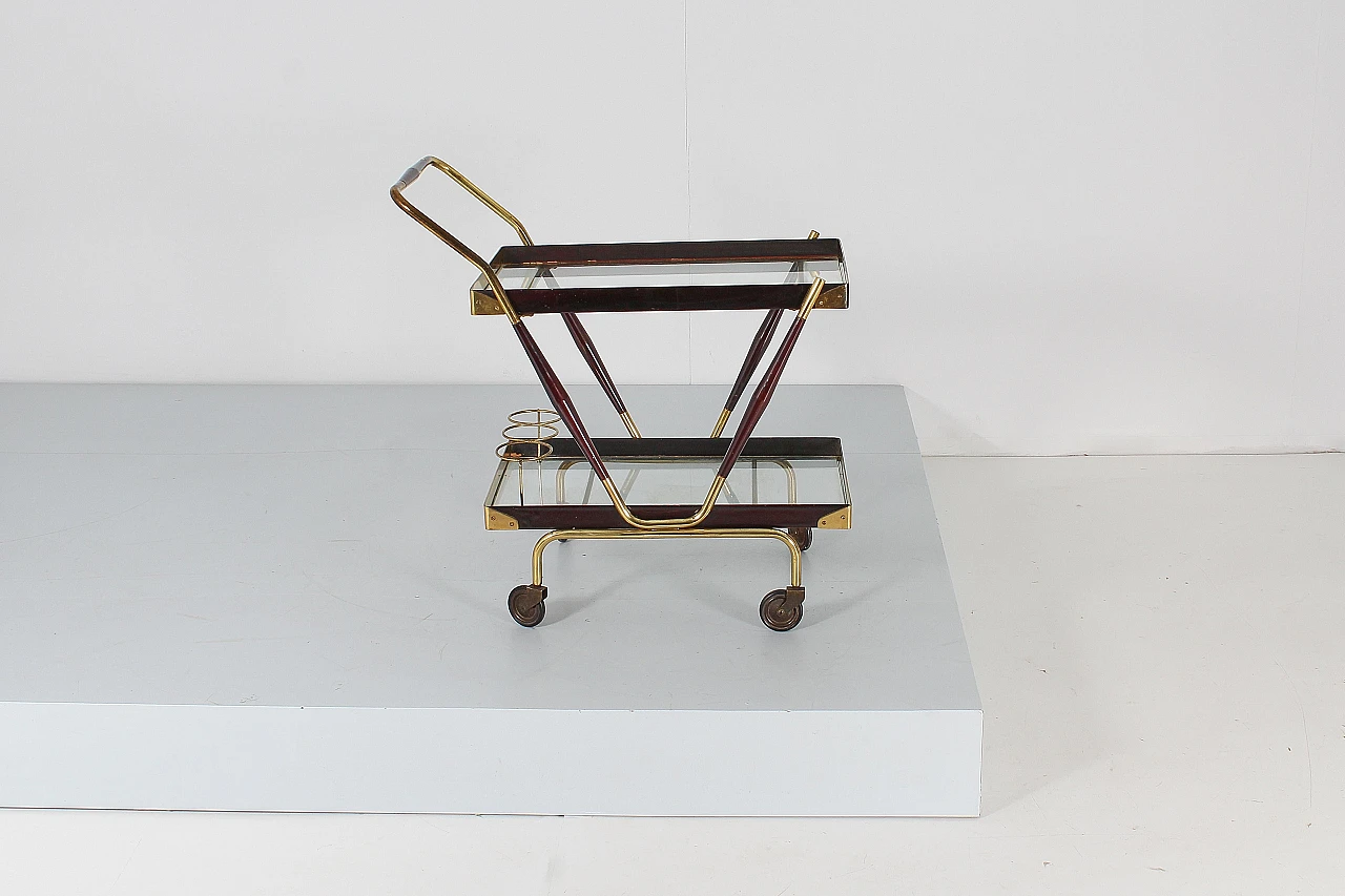 Brass, glass and wood bar trolley attr. to C. Lacca, 1960s 3