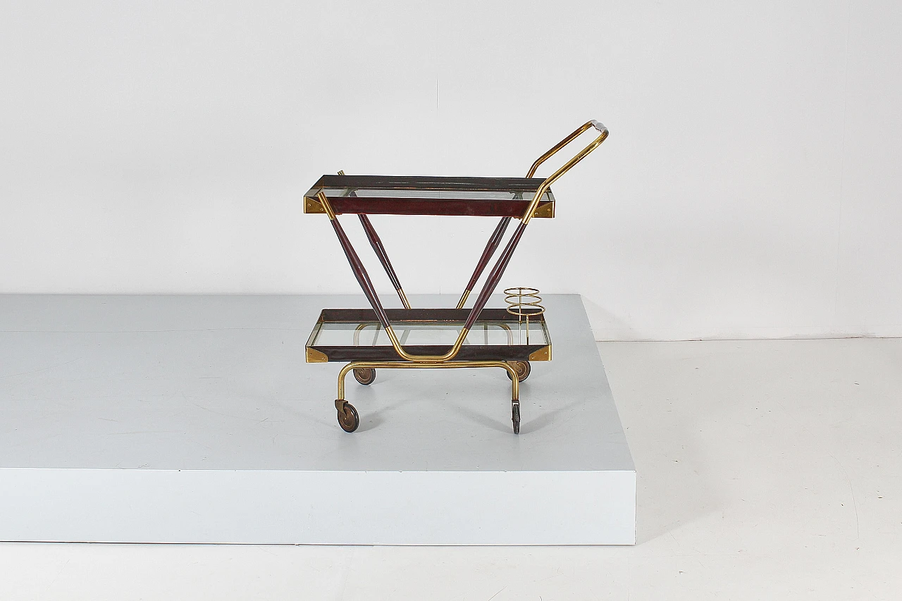 Brass, glass and wood bar trolley attr. to C. Lacca, 1960s 5