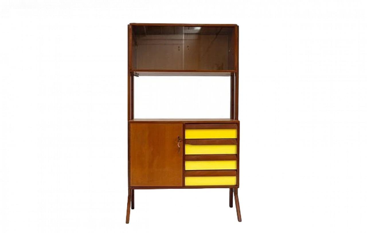 Wooden sideboard with yellow inserts, showcase & 4 drawers, 1950s 10