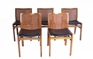 5 Chairs in walnut, leather seat and straw from Molteni&C, 1970s