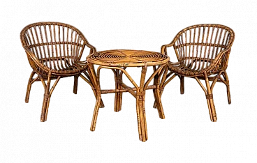 Coffee table & pair of armchairs in wicker, 1970s