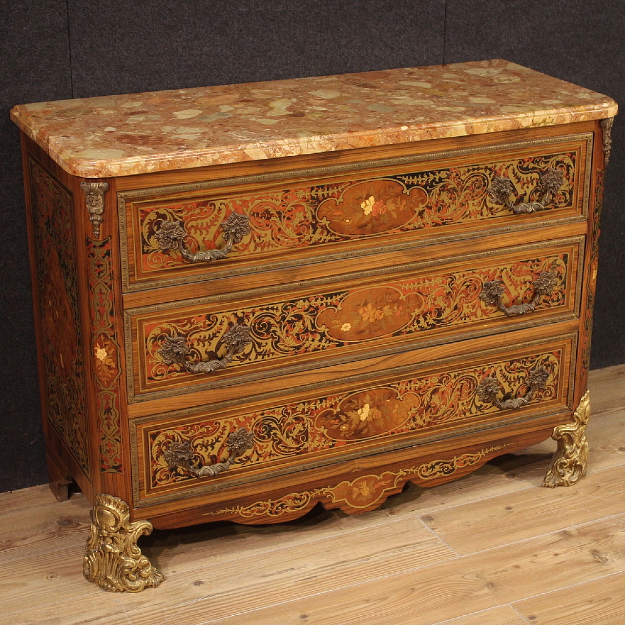 Boulle style inlaid wood, bronze and marble commode, 1960s 1