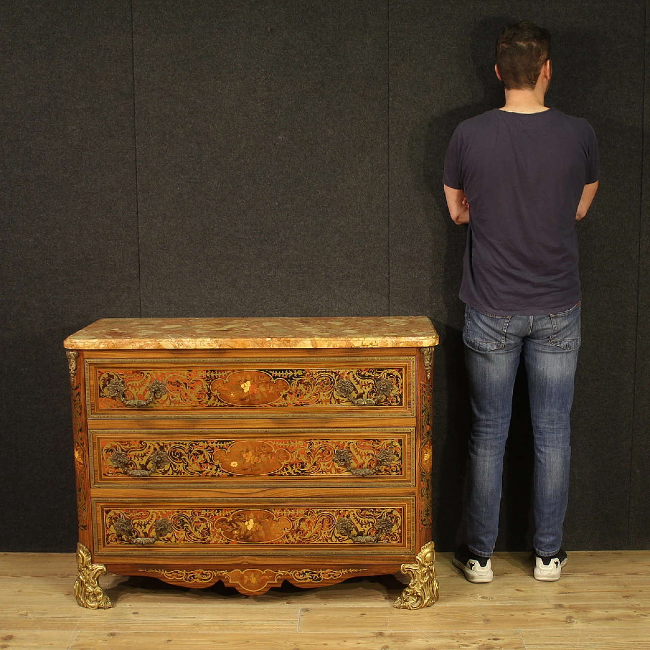 Boulle style inlaid wood, bronze and marble commode, 1960s 2