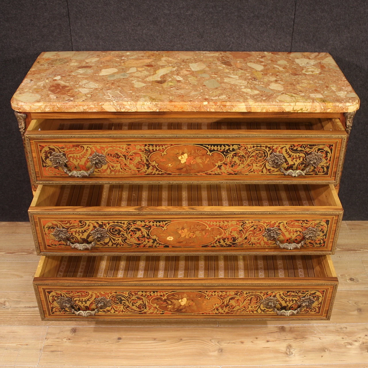 Boulle style inlaid wood, bronze and marble commode, 1960s 3