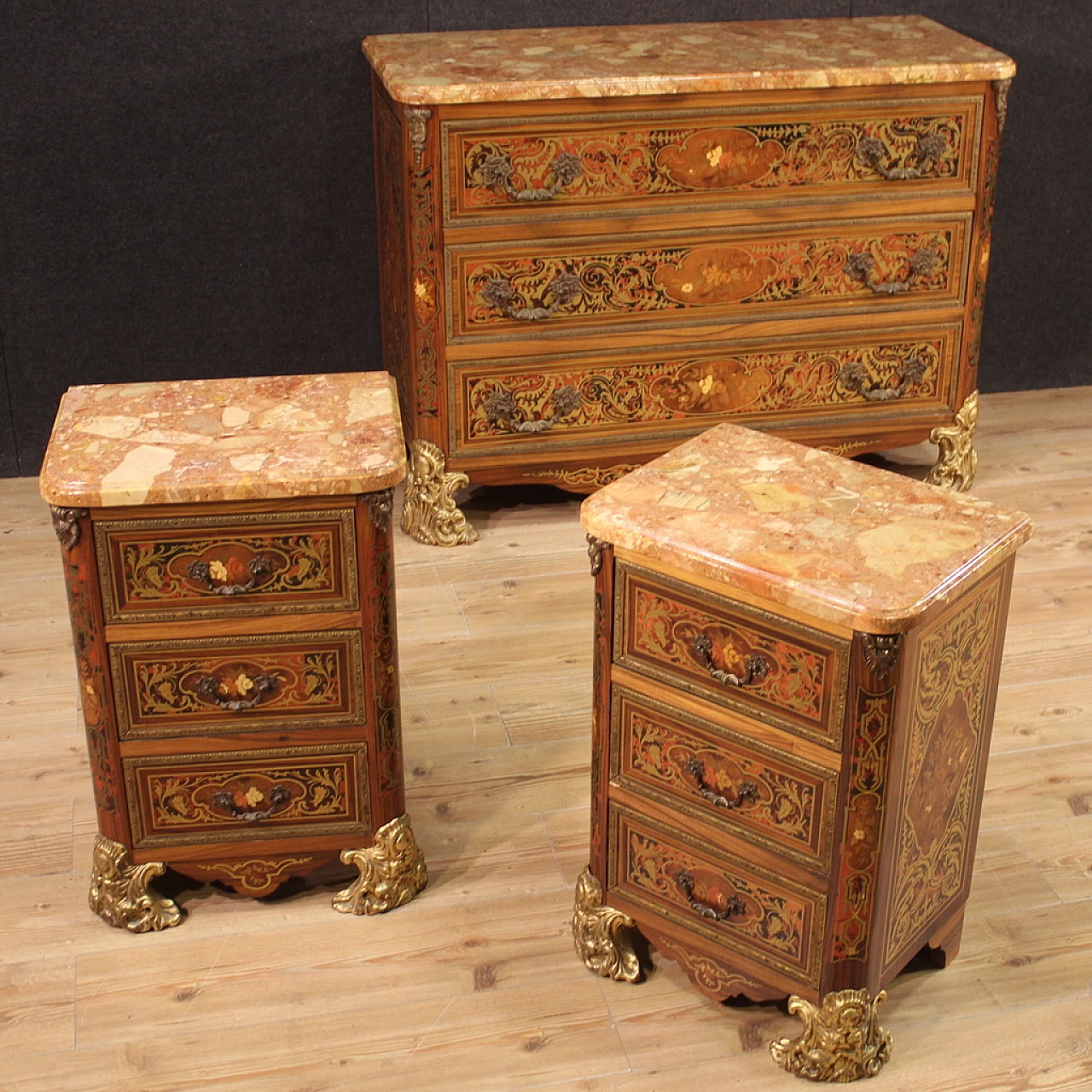 Boulle style inlaid wood, bronze and marble commode, 1960s 4