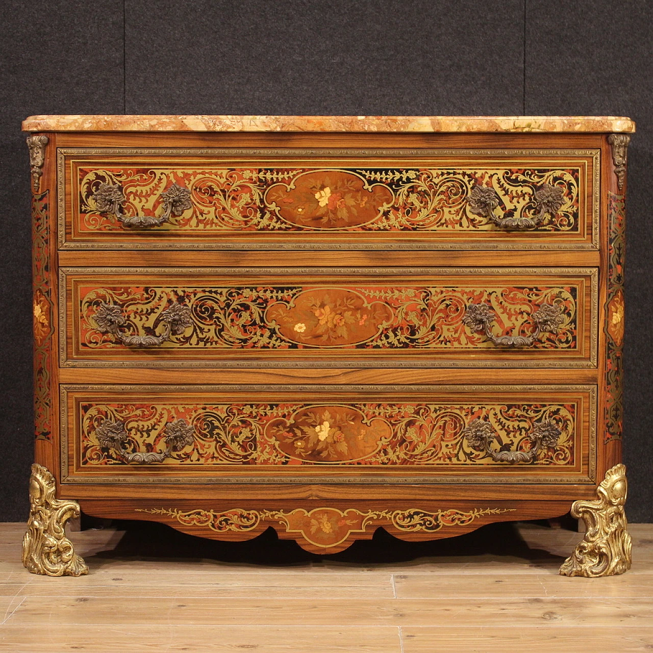 Boulle style inlaid wood, bronze and marble commode, 1960s 5