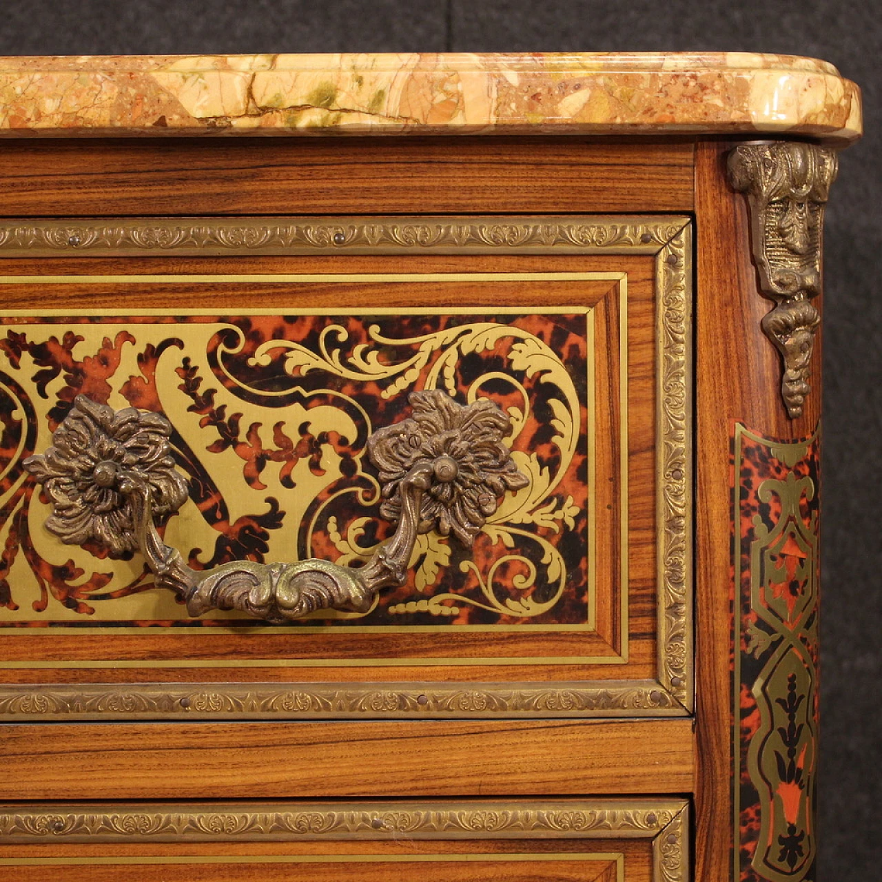 Boulle style inlaid wood, bronze and marble commode, 1960s 6