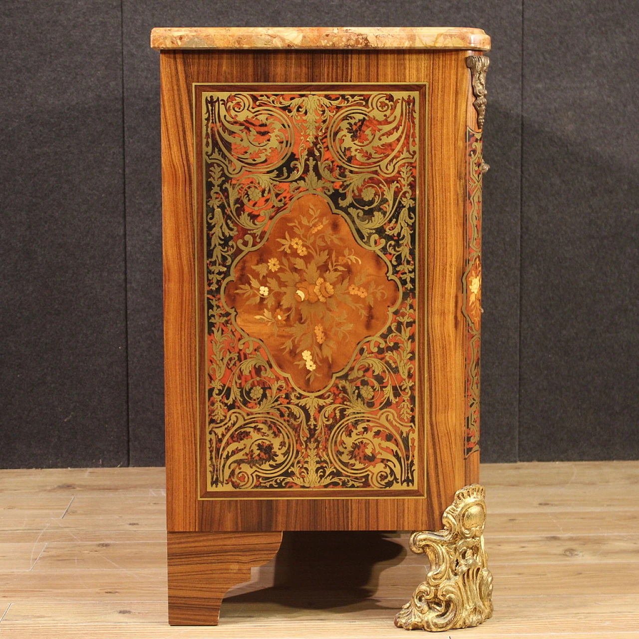 Boulle style inlaid wood, bronze and marble commode, 1960s 8