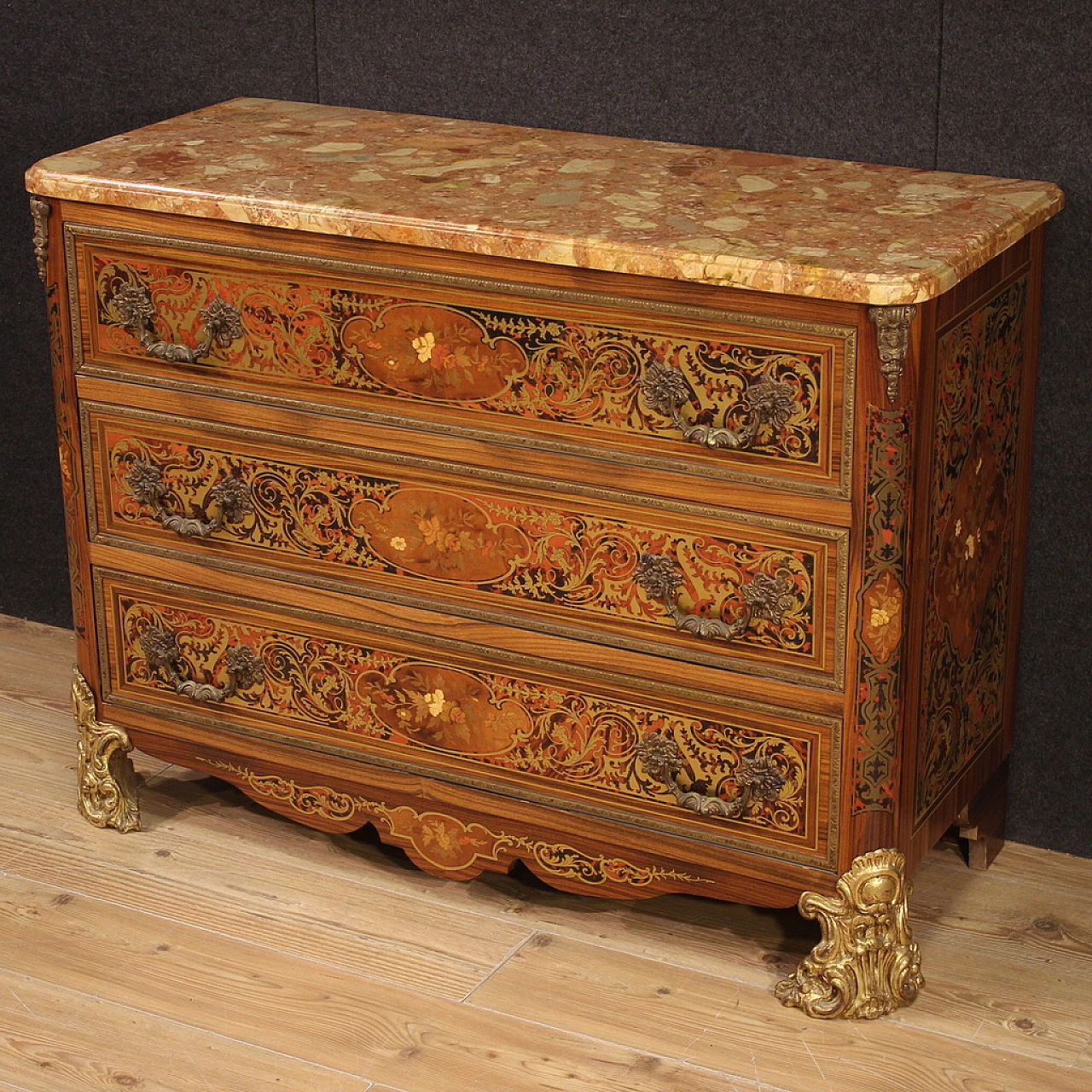 Boulle style inlaid wood, bronze and marble commode, 1960s 9