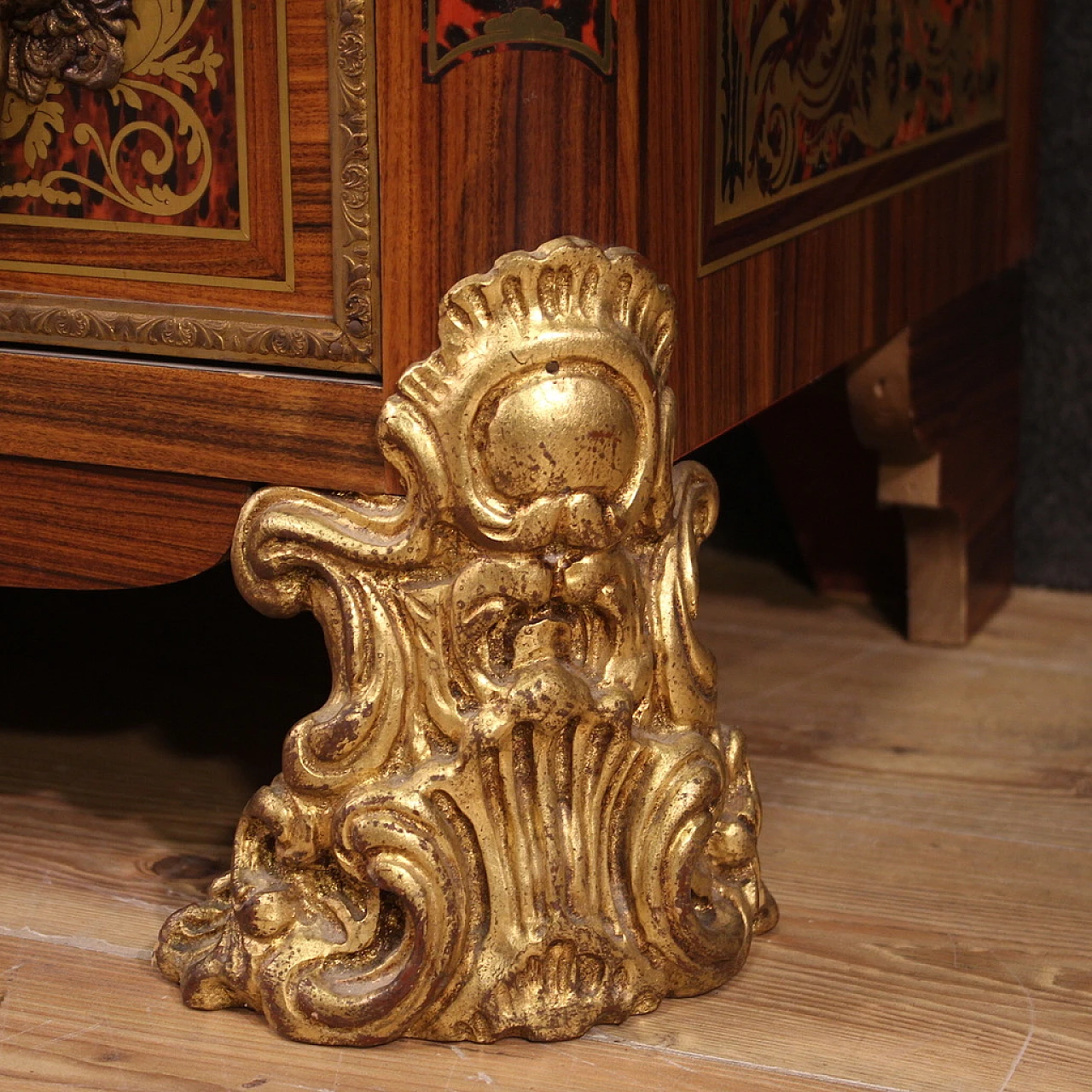 Boulle style inlaid wood, bronze and marble commode, 1960s 10