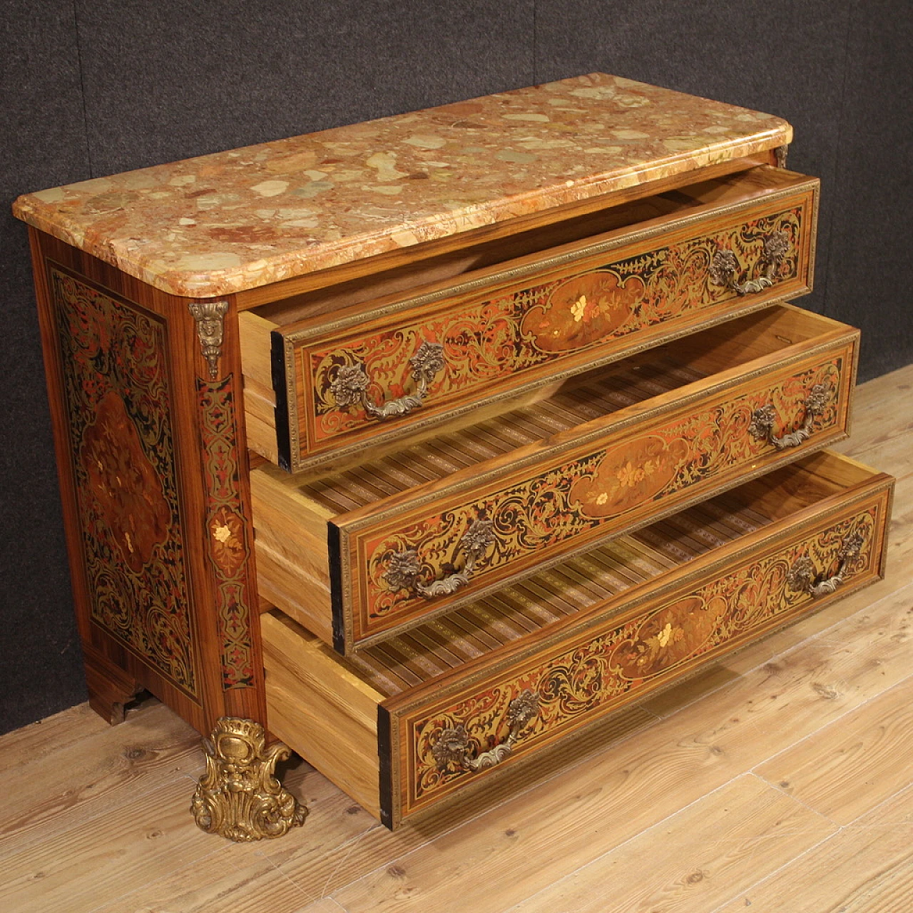 Boulle style inlaid wood, bronze and marble commode, 1960s 11