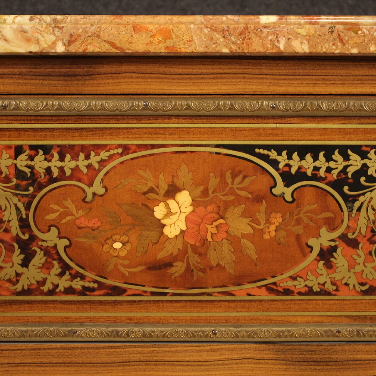 Boulle style inlaid wood, bronze and marble commode, 1960s 12