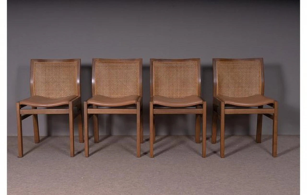 4 Chairs in walnut, leather and Vienna straw by Molteni&C, 1970s 1