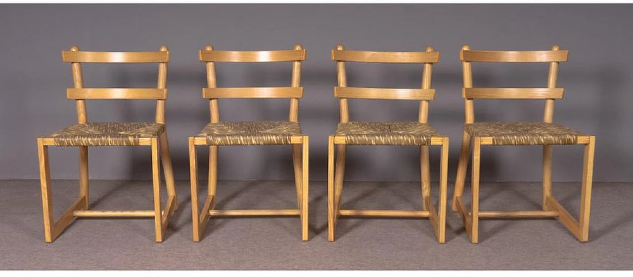 4 Chairs in ash wood with marsh grass straw seat, 1970s 1