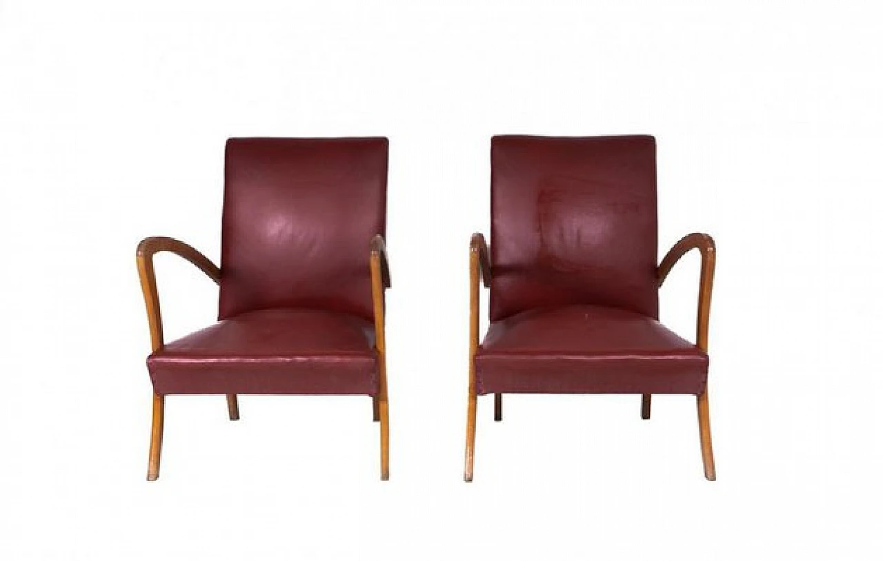 Pair of armchairs in wood and burgundy leatherette, 1970s 1