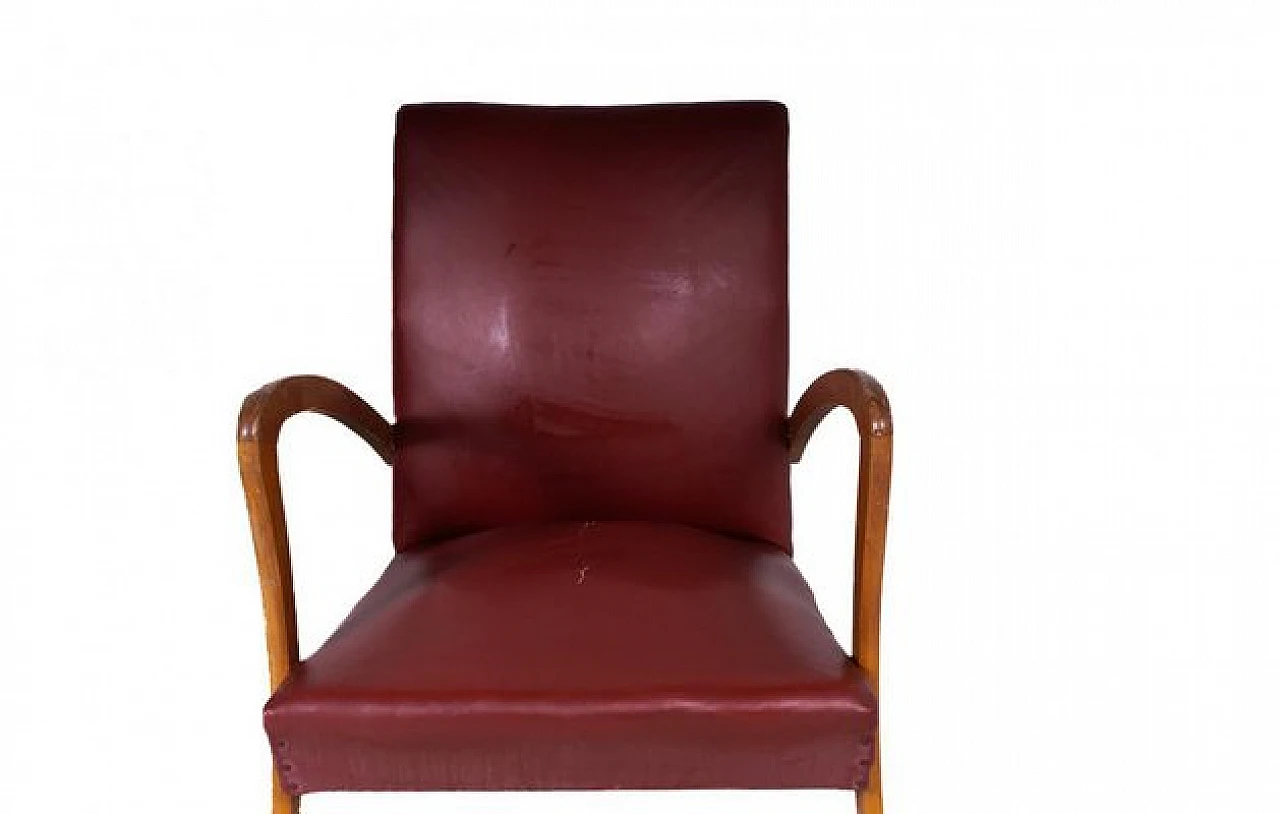 Pair of armchairs in wood and burgundy leatherette, 1970s 2