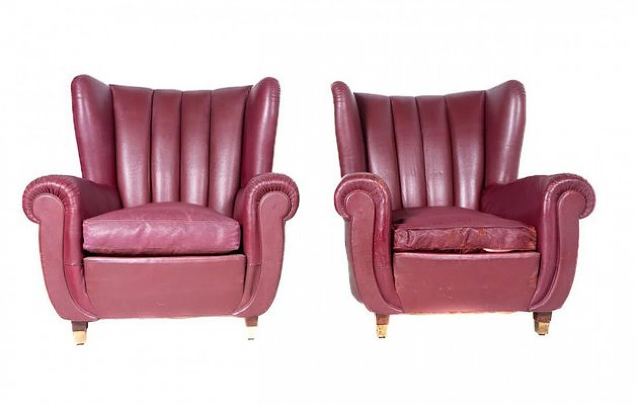 Pair of Savina armchairs in burgundy leather by Poltrona Frau, 1960s 1