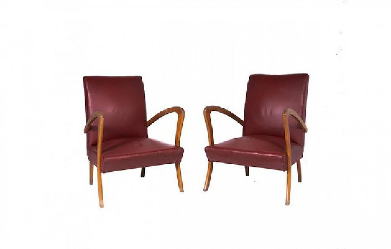 Pair of armchairs in wood and burgundy leatherette, 1970s 5