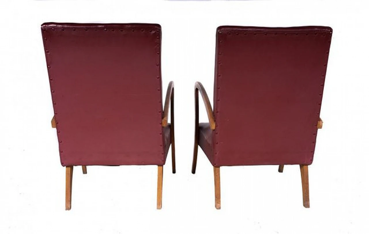 Pair of armchairs in wood and burgundy leatherette, 1970s 7