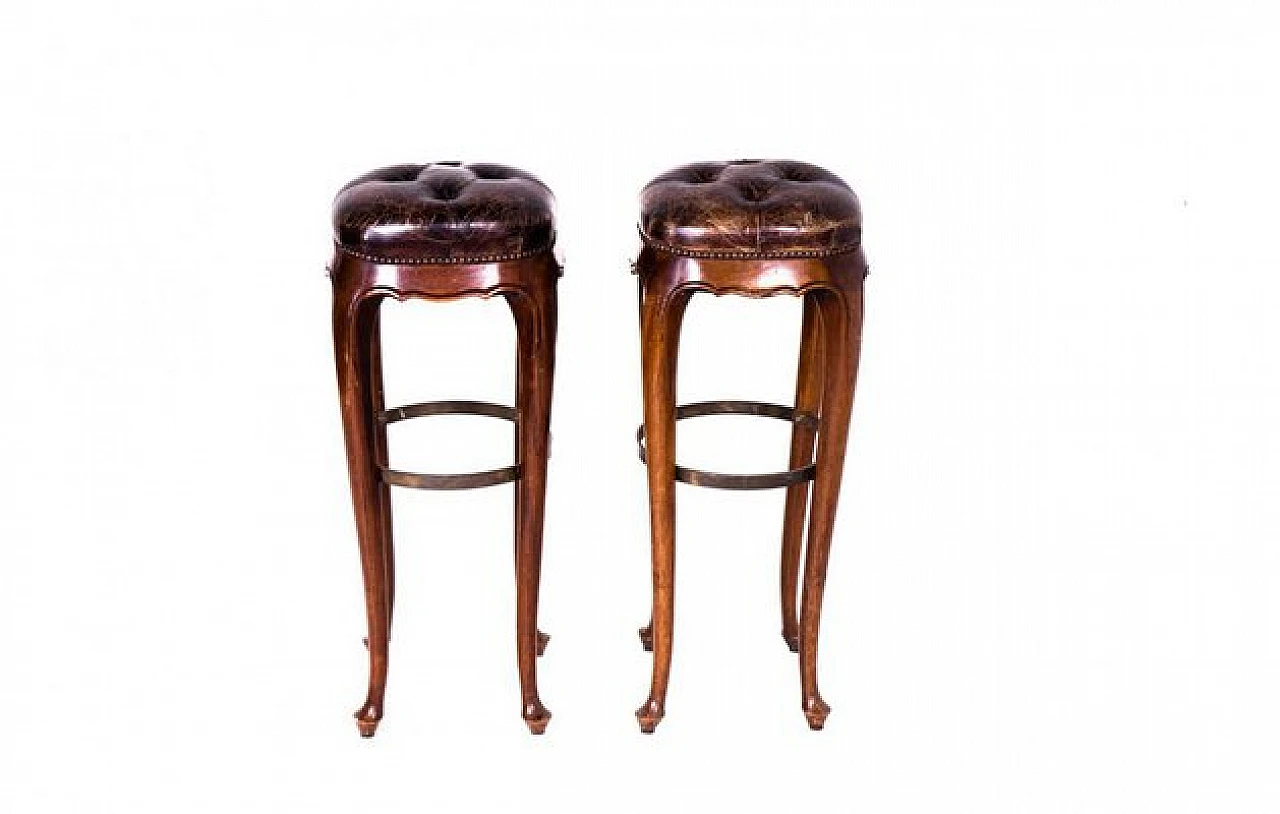 Pair of stools in wood and seat in brown genuine leather, 1960s 1