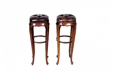 Pair of stools in wood and seat in brown genuine leather, 1960s