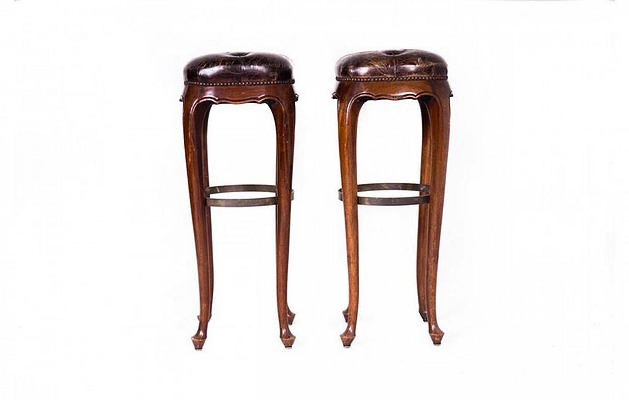 Pair of stools in wood and seat in brown genuine leather, 1960s 2