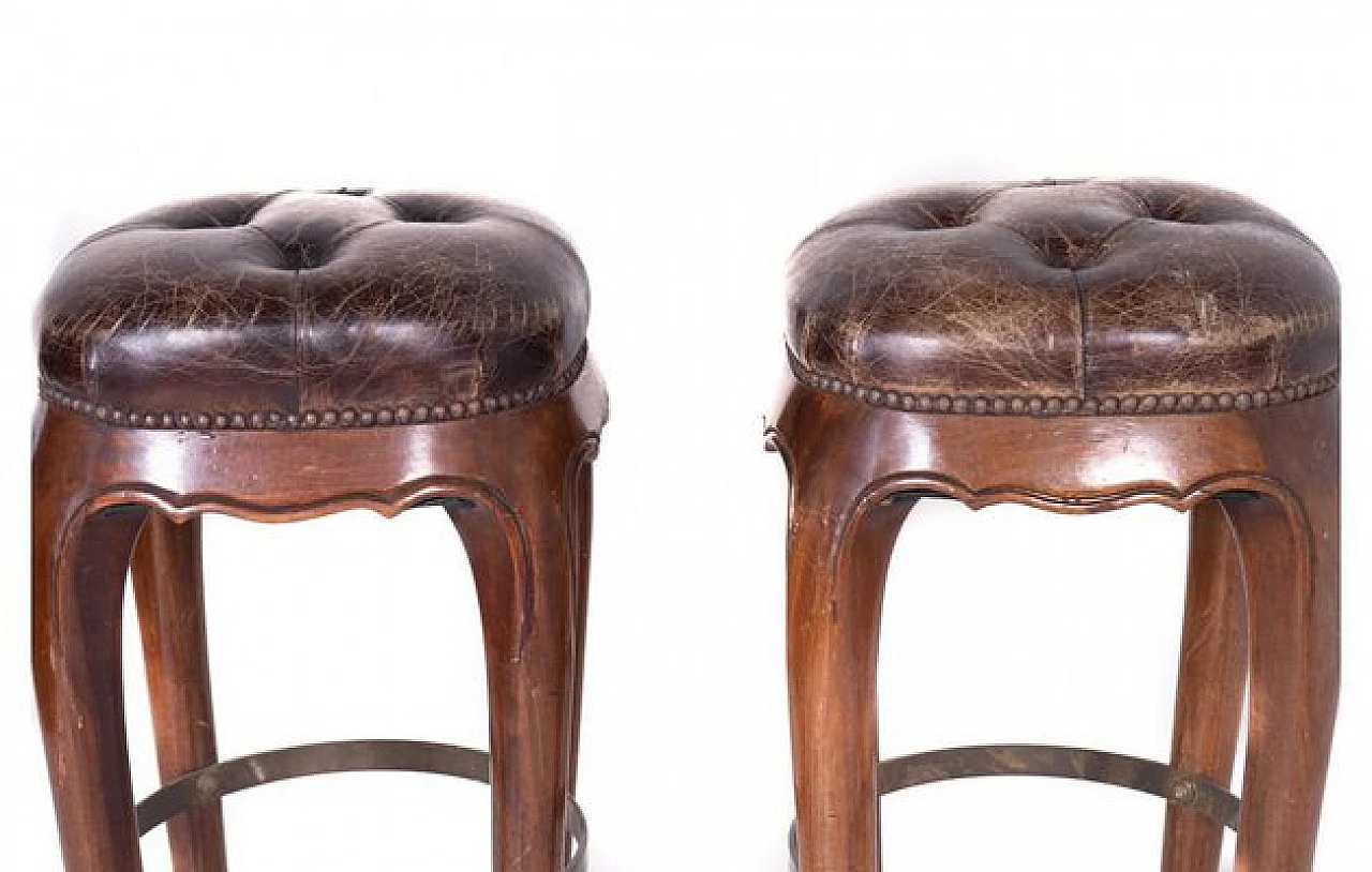 Pair of stools in wood and seat in brown genuine leather, 1960s 5