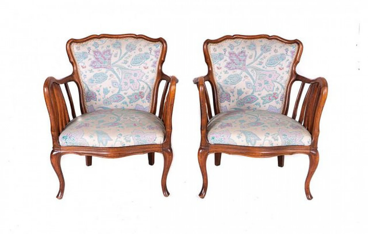 Pair of wood and floreal fabric armchairs, 1960s 1