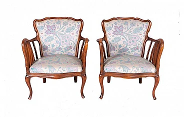 Pair of wood and floreal fabric armchairs, 1960s