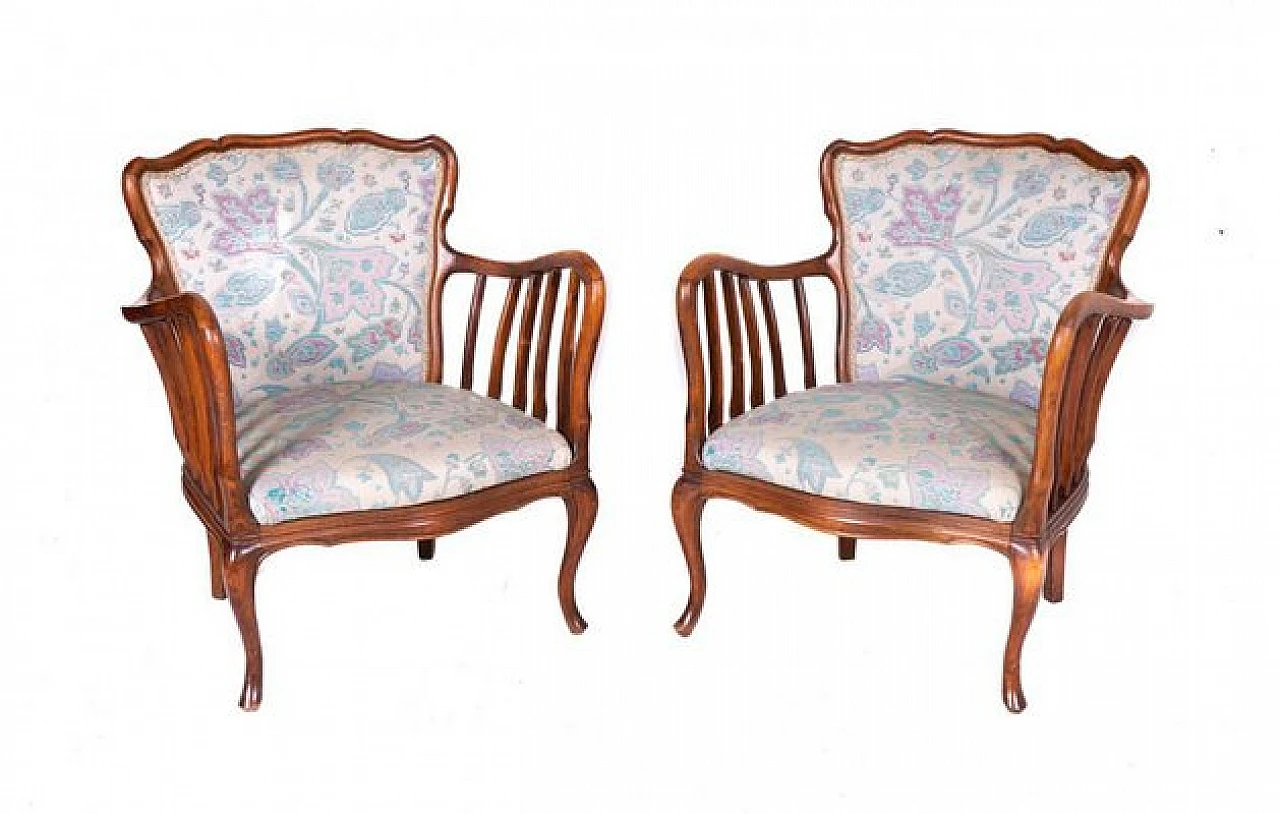 Pair of wood and floreal fabric armchairs, 1960s 5