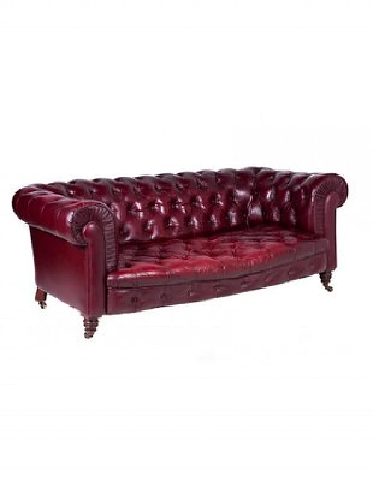 Chesterfield sofa in burgundy leather & wooden legs, 19th century 1