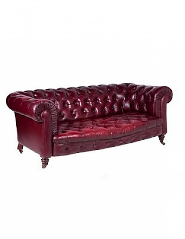 Chesterfield sofa in burgundy leather & wooden legs, 19th century